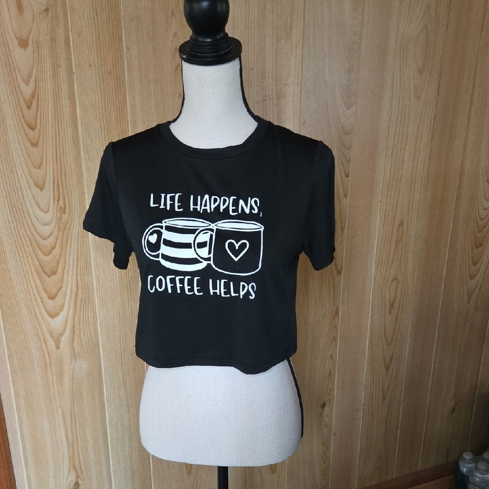 SHEIN Black Graphic 'Life Happens, Coffee Helps' Crop Tee